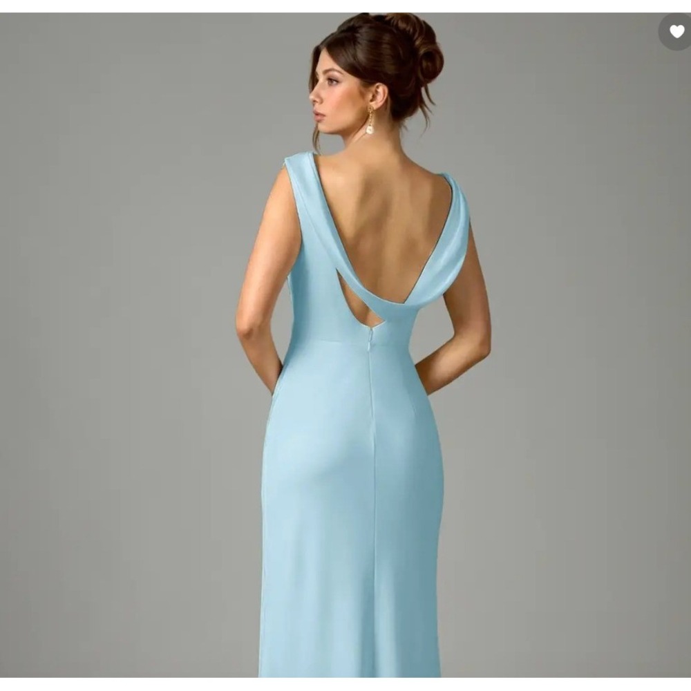Azazie Cowl Neck Satin Maxi Dress Sky Blue Formal Bridesmaid Gown Size A2